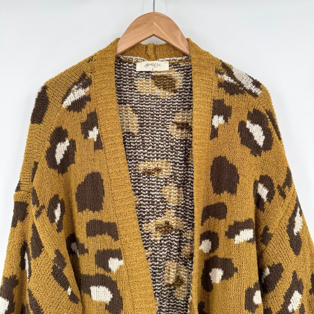 A Beautiful Soul Yellow/Brown Leopard Print Chunky  Distressed Sweater Cardigan - Picture 3 of 12